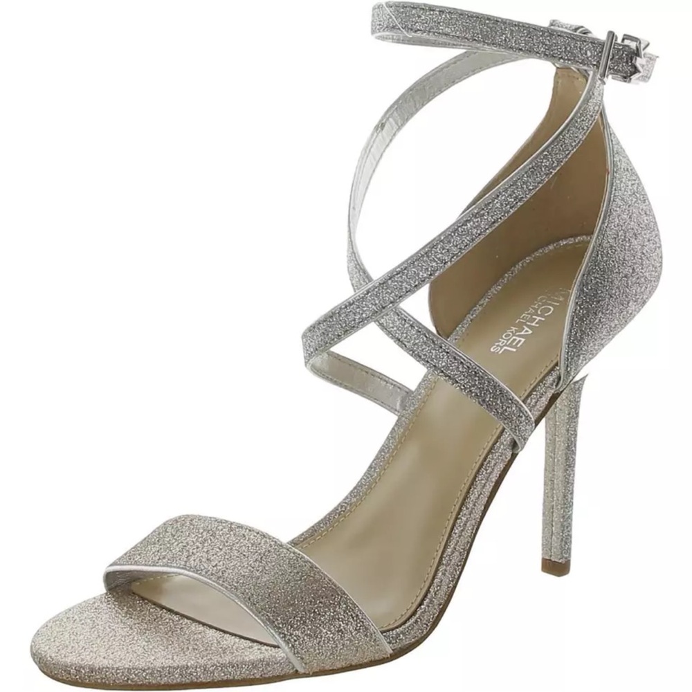 Michael Kors Astrid Glitter Embellished Silver Gold Strappy Heels Size 9.5